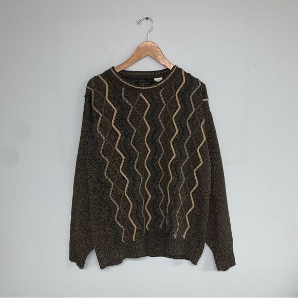 Protege Collection Vintage Grandpa Knit Sweater Brown Zigzag Crewneck Size Large - Picture 2 of 6